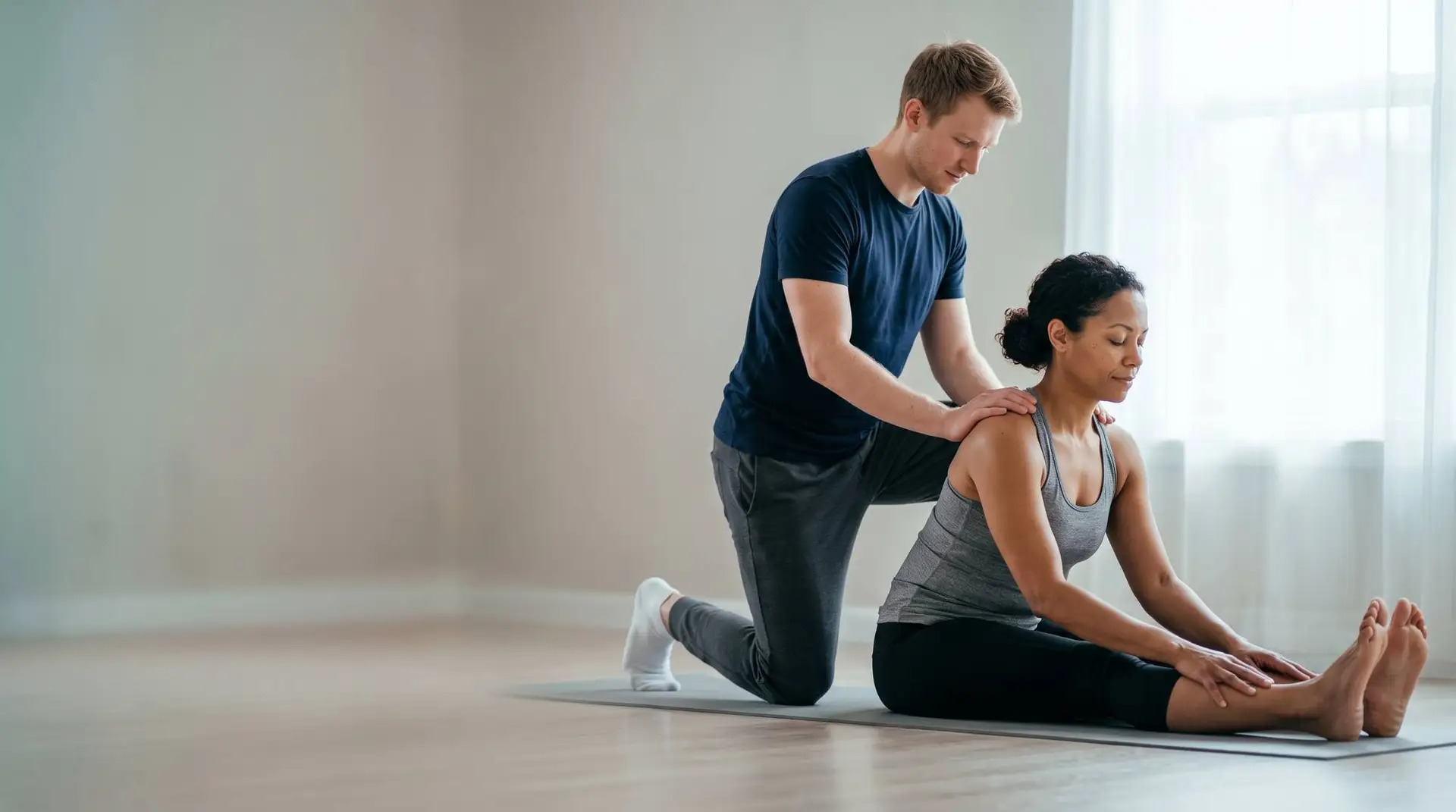 Therapist assisting seated forward stretch on mat