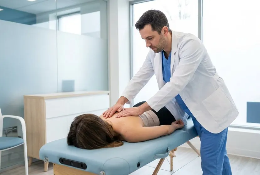 Chiropractor treating back of patient lying face down