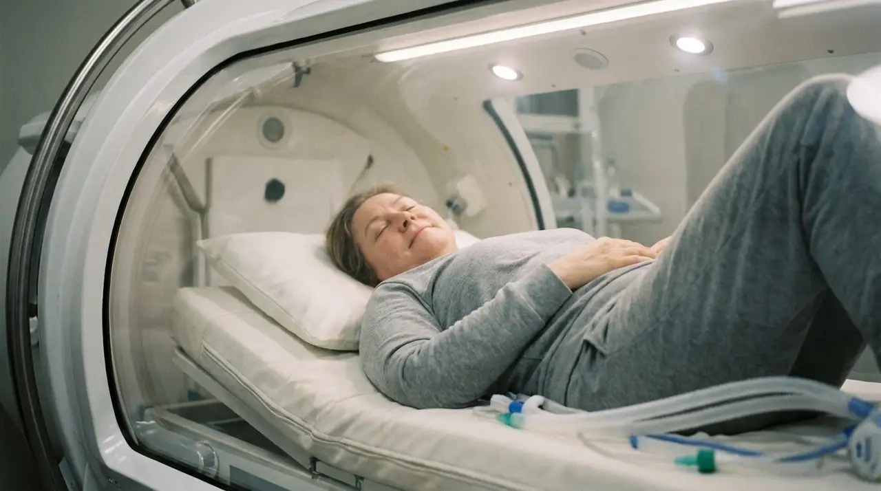 Woman relaxing inside a clear hyperbaric oxygen chamber