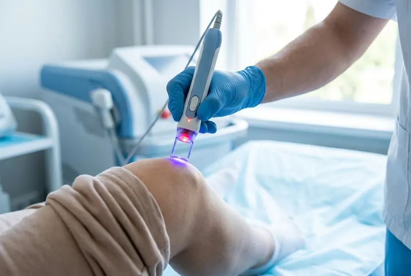 Gloved hand using laser pen on a knee