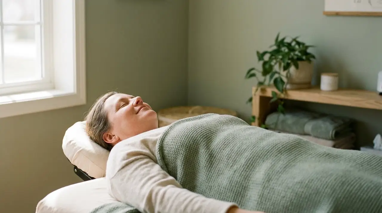 Woman resting under blanket on treatment table