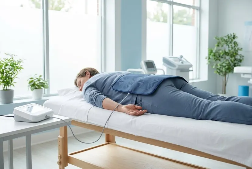 Patient lying with PEMF mat on lower back