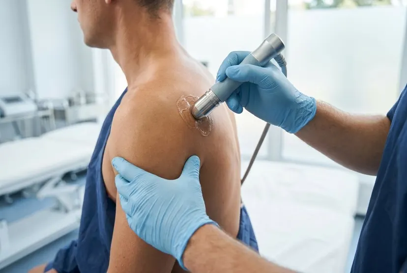 Gloved hands applying shockwave probe to shoulder