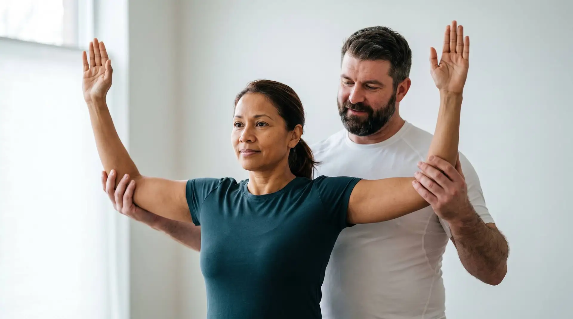 Therapist assisting woman's raised arm stretch