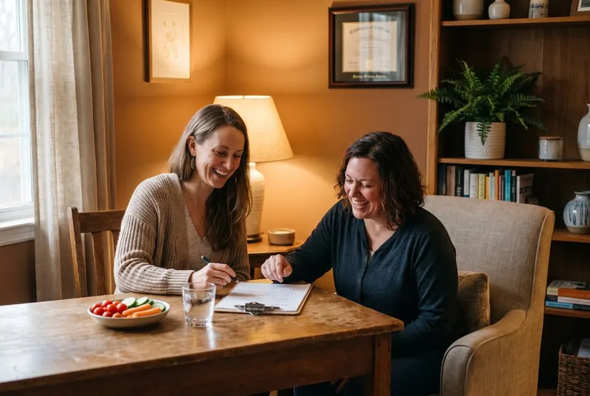 Two women reviewing a nutrition plan at table
